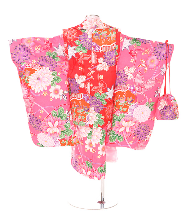 ３歳　七五三　花柄着物 ピンク水色 七五三着物3歳> 花柄ピンク×刺繍レース | moco moco powan
