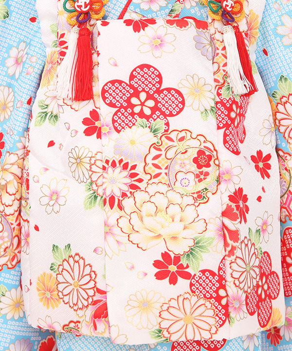 七五三(三歳女の子)着物レンタル｜牡丹梅雪輪柄水色着物×白被布｜W-G-3