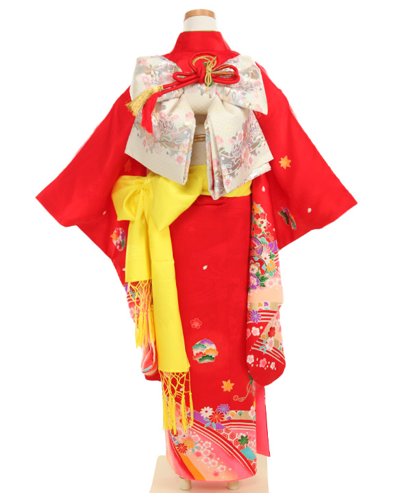 七五三(七歳女の子)着物レンタル｜赤に四季草花柄着物×白作り帯｜W-G-7