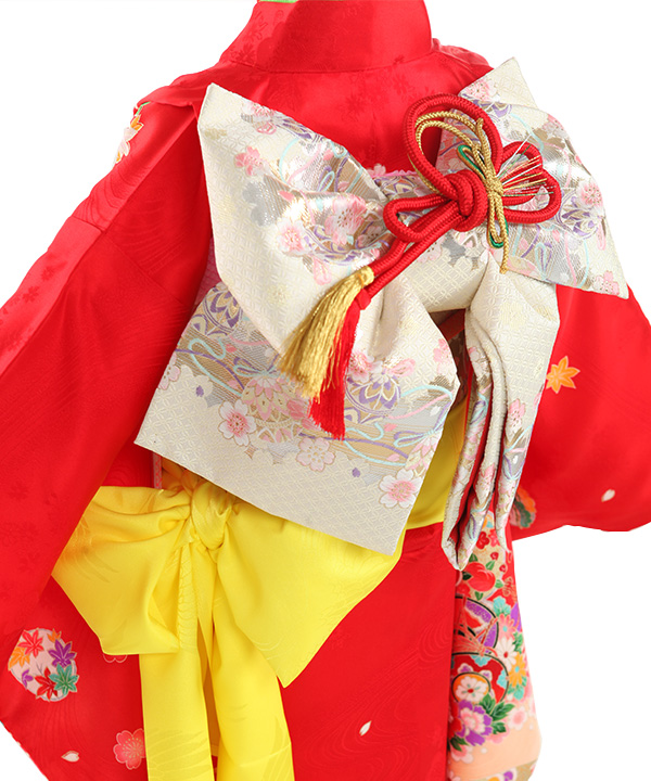 七五三(七歳女の子)着物レンタル｜赤に四季草花柄着物×白作り帯｜W-G-7